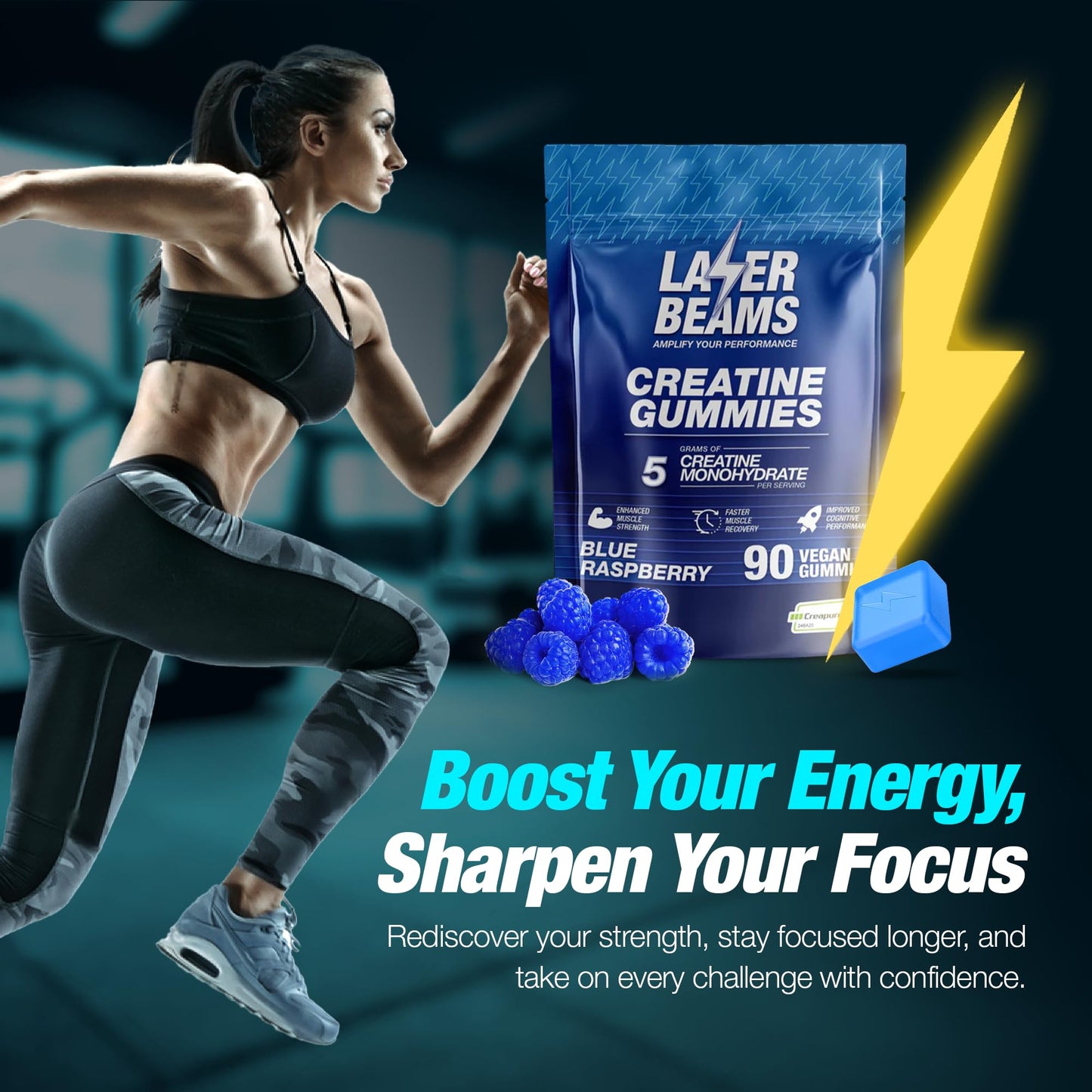 Laser Beams Creatine Monohydrate Gummies - 5g Creapure Creatine per Serving - Vegan, Blue Raspberry Flavor - Boost Muscle Strength, Endurance, Recovery & Mental Focus - 90 Gummies, Gluten-Free