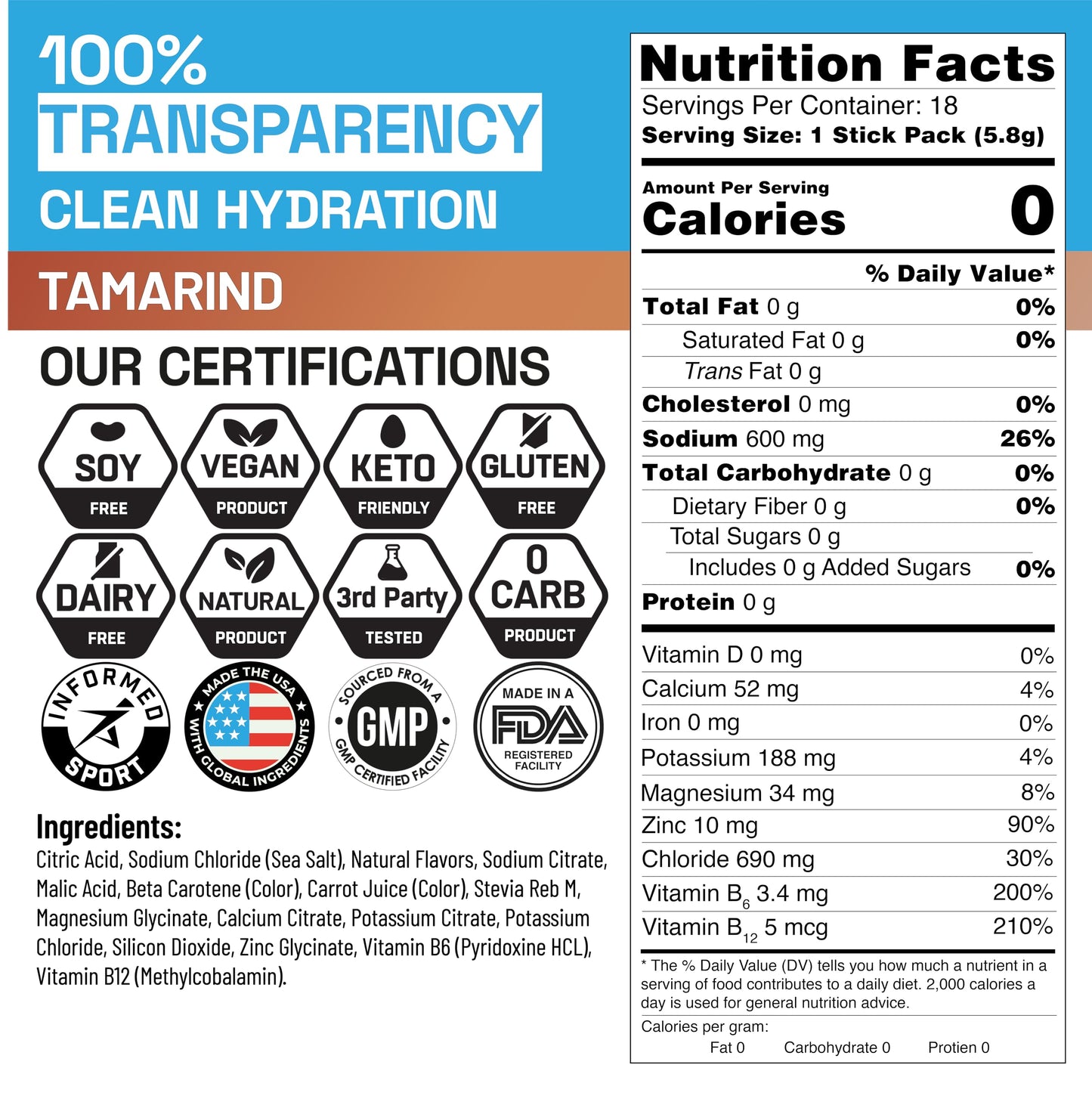 Engineered Nutrition EN, Sugar-Free Electrolytes Powder Packets - Keto Electrolytes Hydration Packets, Single-Serving Electrolytes, Zero Calories, Vegan, Non-GMO, Organic, Gluten-Free, Tamarind 18 CT