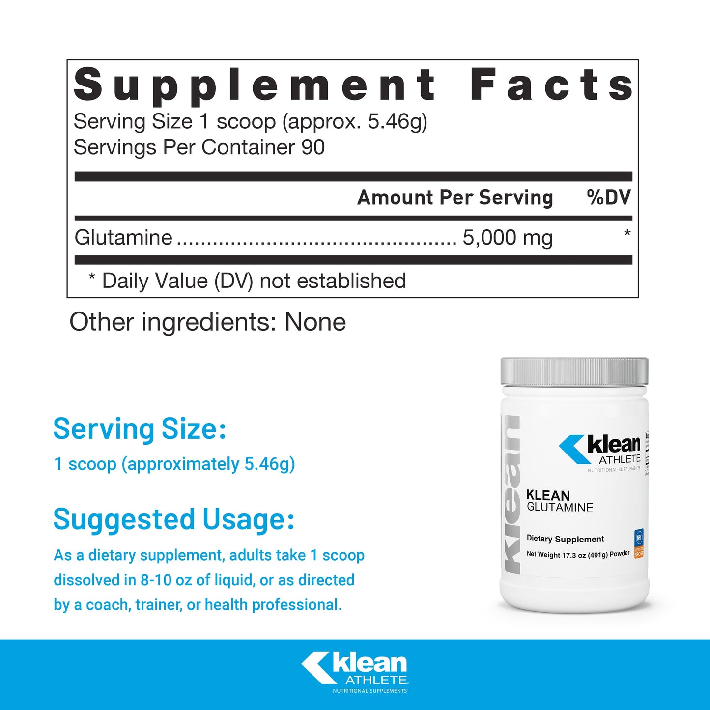 Klean ATHLETE Klean Glutamine - Immunity Support & Gut Health* - Amino Acids Supplement - NSF Certified for Sport - Non-GMO, Gluten Free & Vegan - 17.3 oz