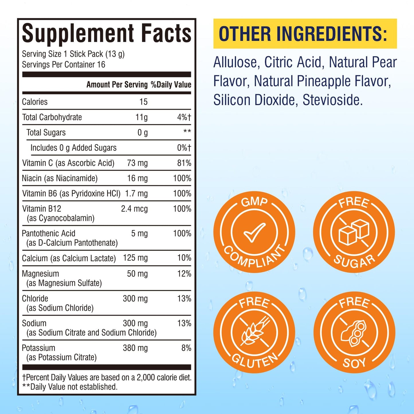 Vitalibre Electrolytes Powder Packets | Magnesium, Potassium, Sodium, Vitamin C | for Rapid Hydration | Zero Sugar & Keto | 16 Stick Packs | Pineapple Pear Flavor