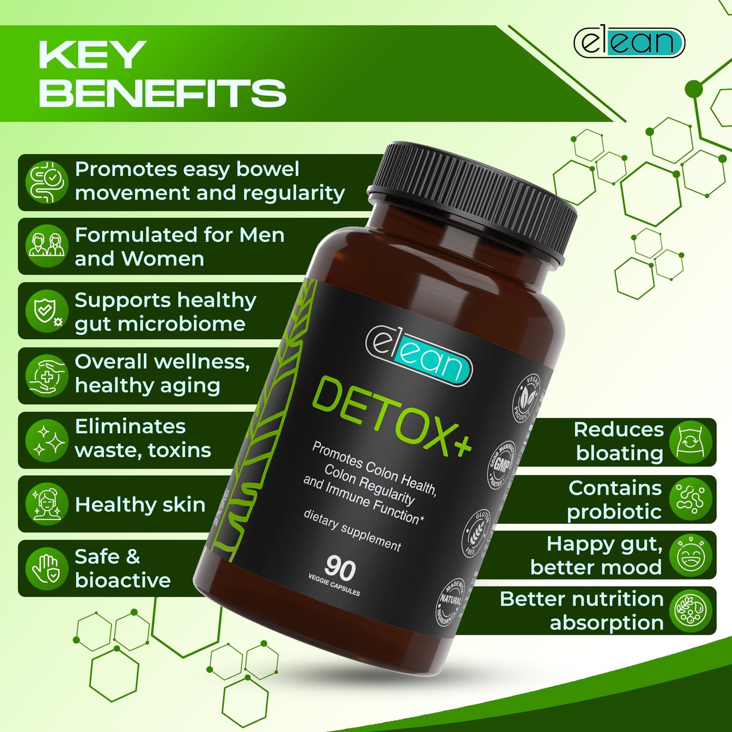 ELEAN Detox Plus Blended with Probiotic, Alfalfa, Flax Seed, Organic Aloe Vera, Сascara Sagrada bark for Colon Cleanse, Gut Health, Digestive Health and Total Colon Care. 90 Capsule 30 Days Supply