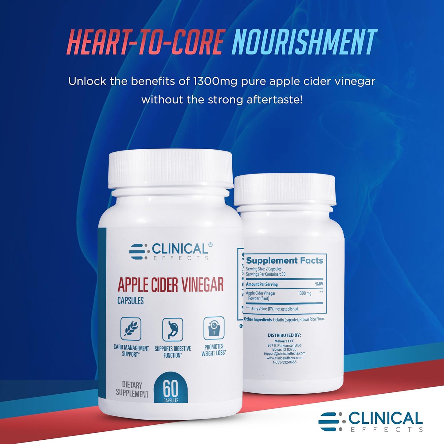 Clinical Effects Apple Cider Vinegar Capsules - 1300mg Pure Apple Cider Vinegar for Weight Management, Heart Health, and Energy Support - 60 Veggie ACV Pills - Made in The USA
