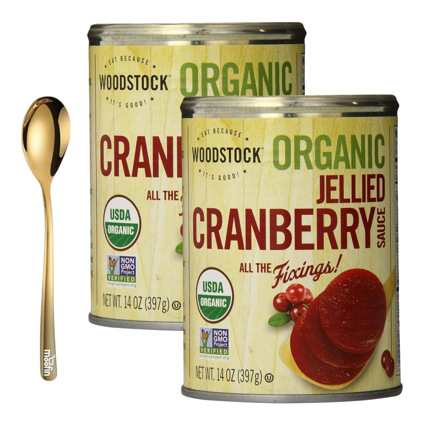 Woodstock Organic Jellied Cranberry Sauce 14 Oz Rich  Smooth Cranberry Jellied Sauce with Moofin Golden SS Spoon  Perfect for Festive Dinners Vibrant  Natural Flavor NonGMO Versatile Cranberr