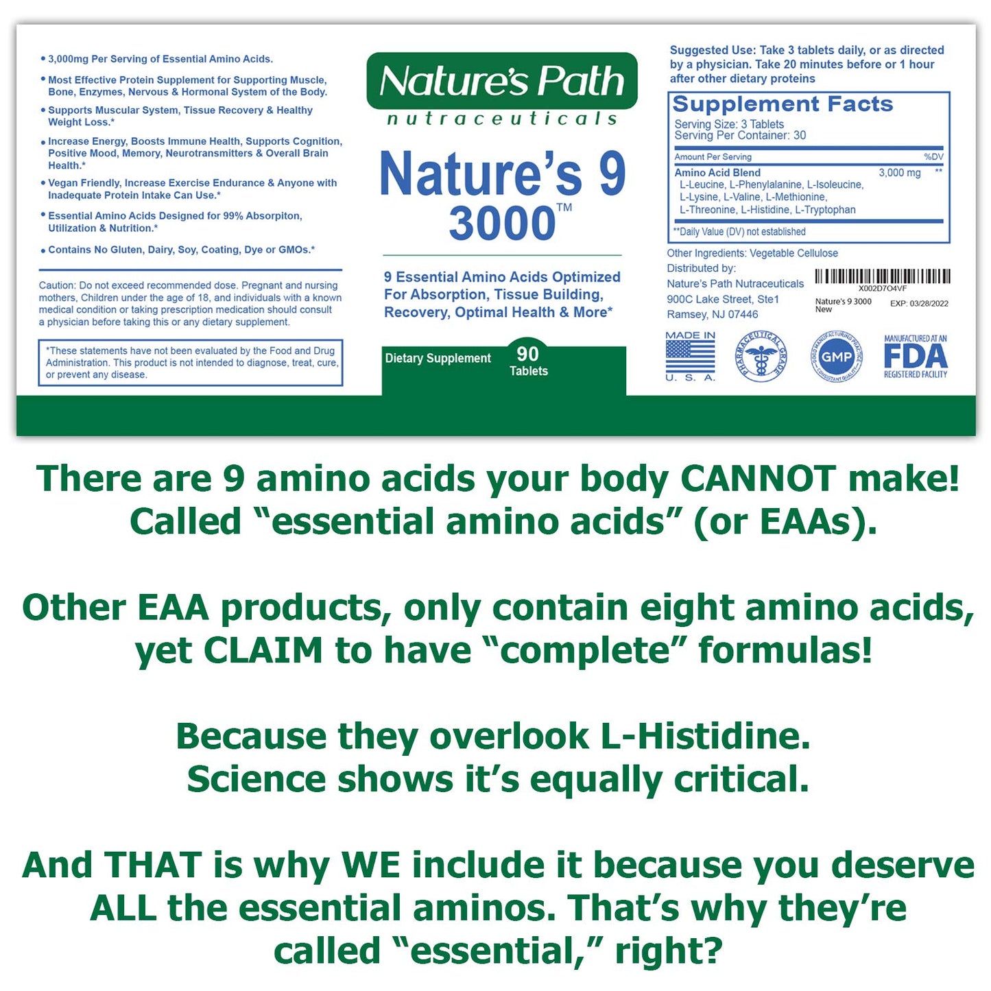 Nature's 9 3000 Essential Amino Acids Supplement, Best EAA Amino Acid Complex All 9 Essential Amino Acid Pills, Vegan Aminos 90 Pill 1 Gram Per Tablet