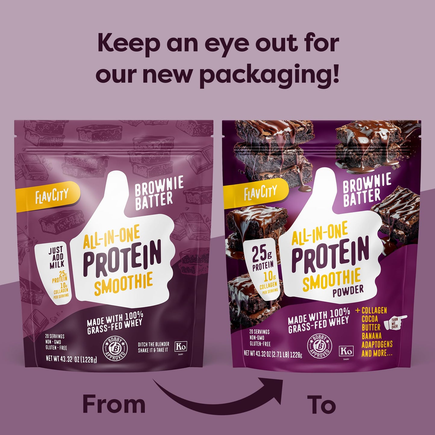 FlavCity All-in-One Protein Powder Smoothie, Brownie Batter - 100% Grass-Fed Whey Protein Powder with 25g Protein & 10g Collagen - Gluten-Free Pre Workout & Post Workout Drink - 20 Servings