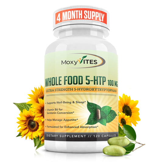 MoxyVites 5HTP 100mg Supplement, Plus B6, 5 HTP Organic Whole Food - Best Serotonin Booster - Non-GMO, 120 Vegan Capsules