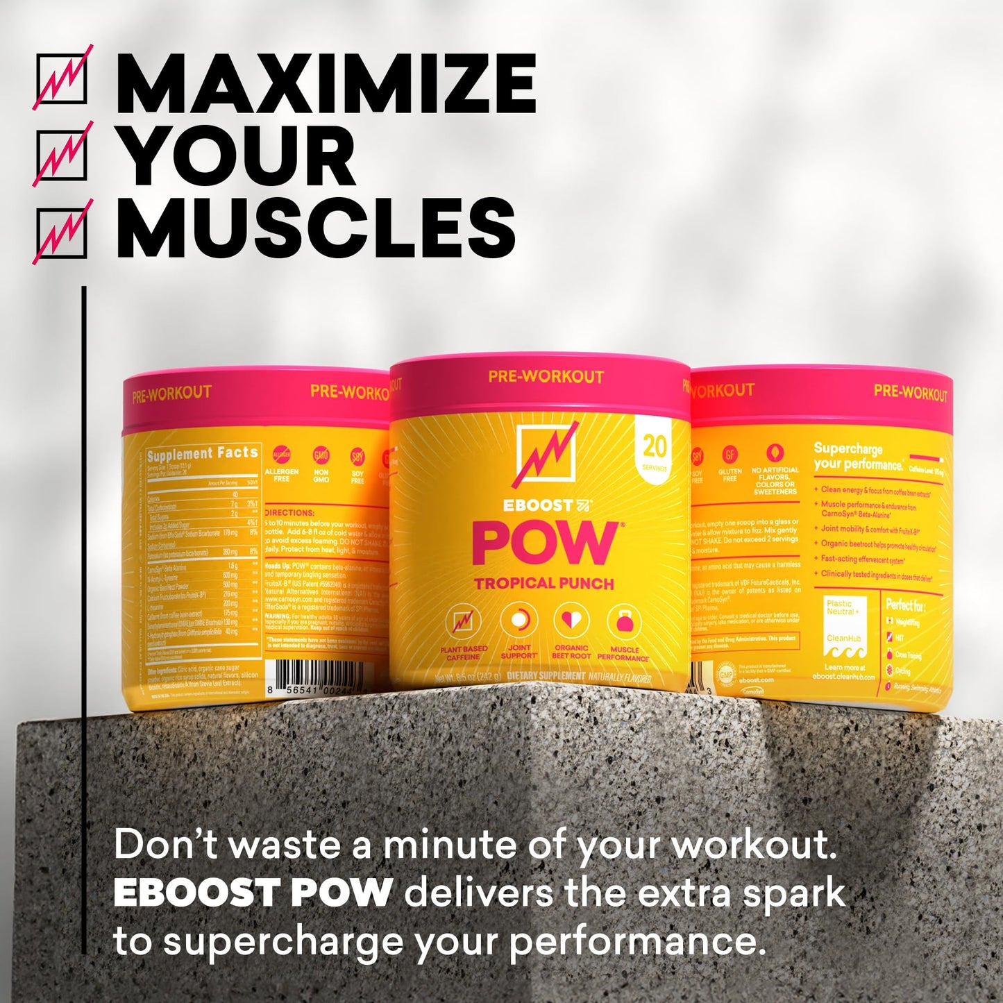 EBOOST POW Natural Pre Workout Powder - 20 Servings - Tropical Punch - A Pre Workout Supplement for Performance, Joint Mobility Support, Energy, Focus - Men & Women - Non-GMO, Gluten-Free, No Creatine