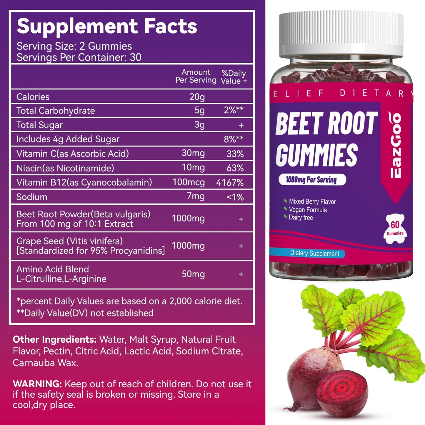 EAZGOO Beet Root Gummies, Beet Root Soft Chews with Beetroot, Grape Seed Extract & Beet Root Powder, Vegan, Non-GMO, 120 Count