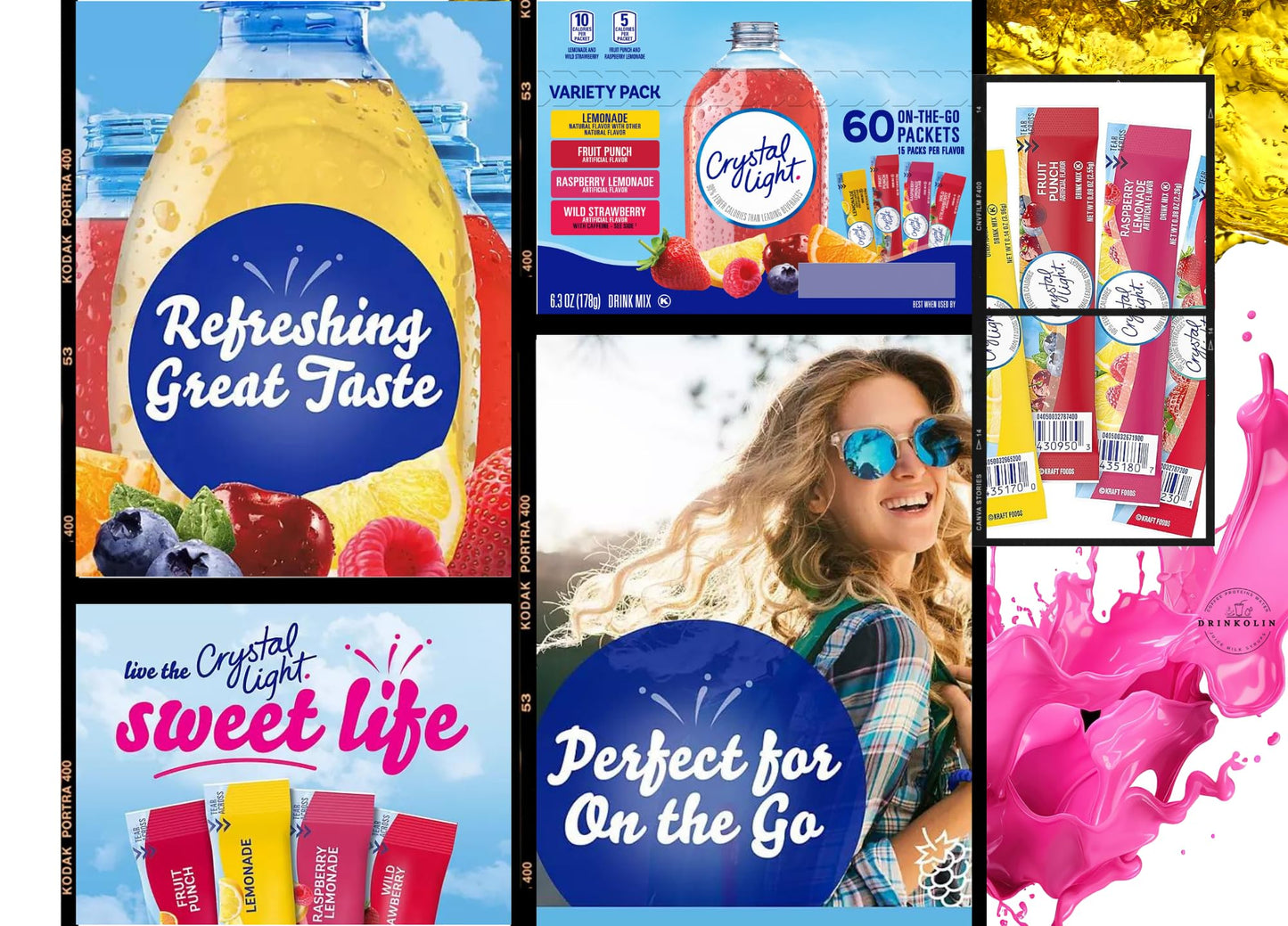 Crystal Light Packets Variety Pack 60 Flavored Drink Mix Packets Fruit Punch Raspberry Lemonade and Wild Strawberry Packets SugarFree Powdered Drink Mix with Drinkolin Straws  Fits 169 oz Bottles