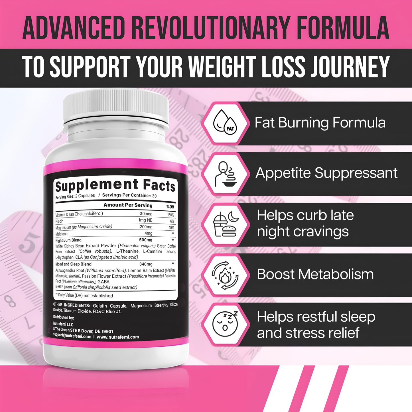 Fat Burner for Women | Weight Loss - Night Time Fat Burner with Carb Blocker & Appetite Suppressant | Less Craving | Belly Fat Burner & Thermogenic Metabolism Booster Made in USA | Third Party Tested