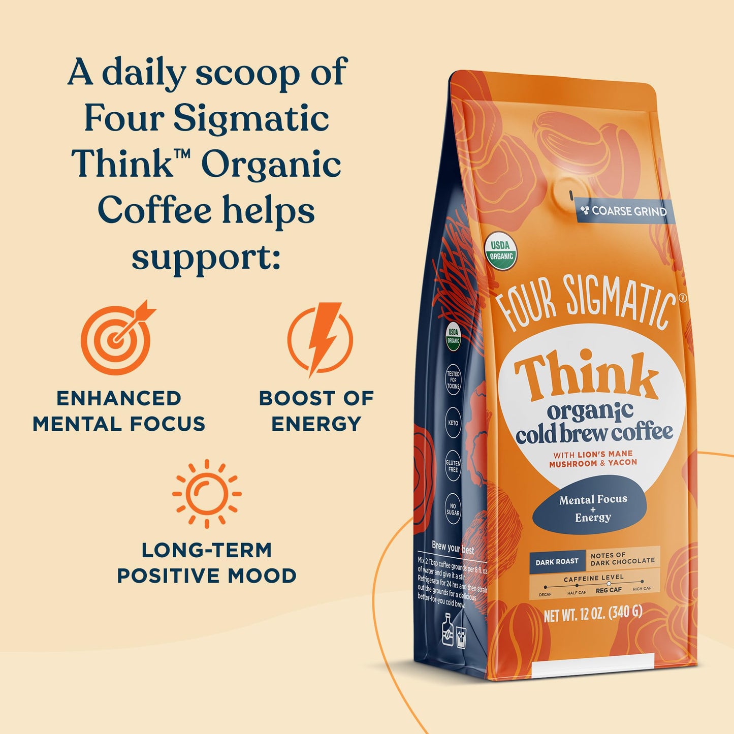 FOUR SIGMATIC Organic Cold Brew Coffee Grounds  Dark Roast Fair Trade Coarse Grounds with Lions Mane and Chaga  Cold Brew Mushroom Coffee for CrashFree Focus  12 oz Bag