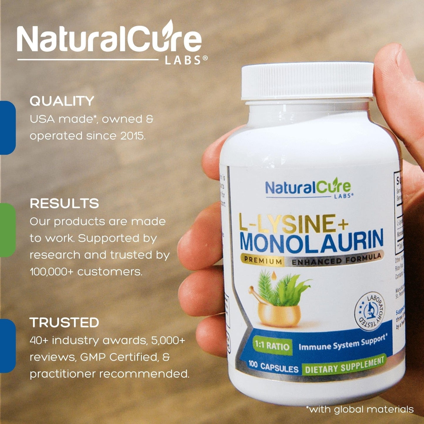 Natural Cure Labs L-Lysine + Monolaurin 600mg 1:1 Ratio, 100 Capsules