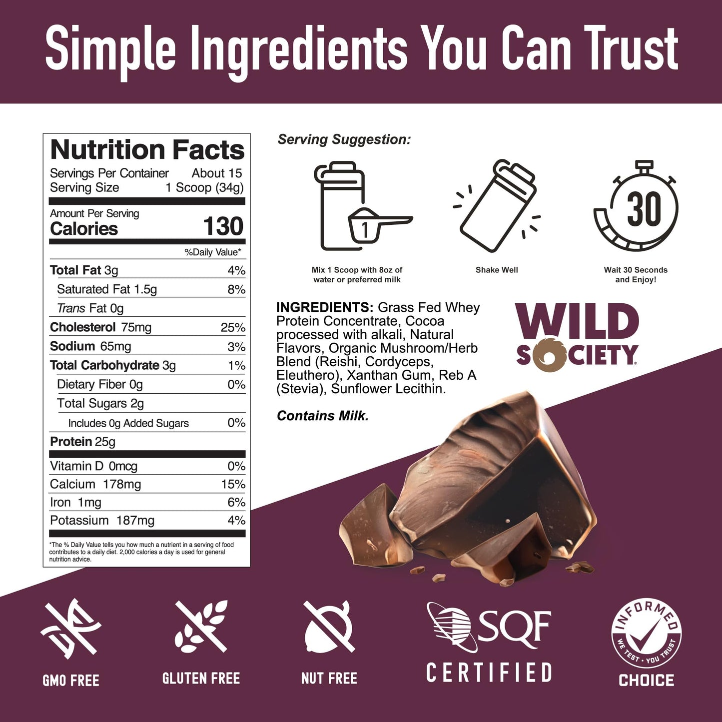 WILD SOCIETY - Premium 100% Grass Fed Whey Protein Powder + Superfood Mushrooms & Adaptogens - 25g Protein, Clean Protein Powder, 0 Added Sugar, Non GMO, Gluten Free - Dutch Chocolate - 17.9 oz