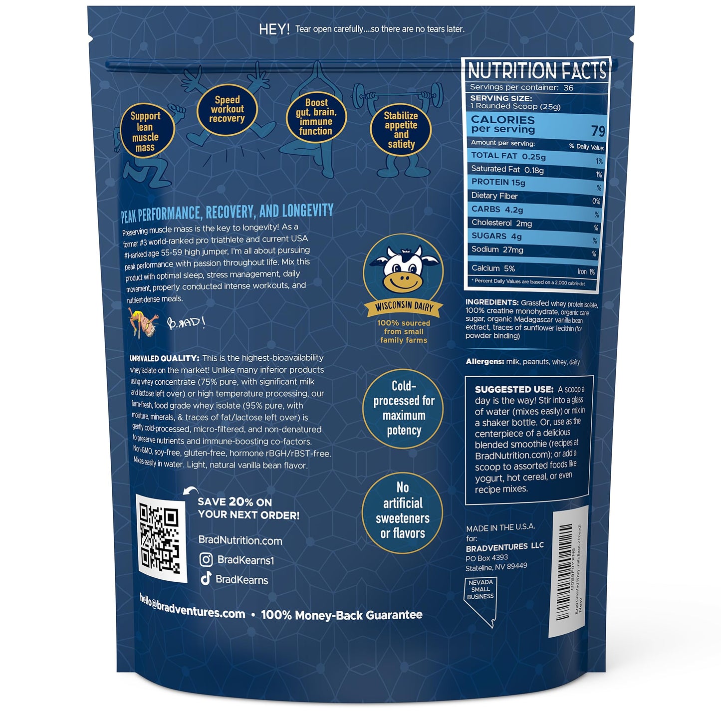 B.rad Grass-Fed Whey Protein Isolate Powder with Creatine | All-Natural, Ultra-Pure, Clean Ingredients | 100% USA-Sourced Superfuel | 2 Pounds | Vanilla Bean