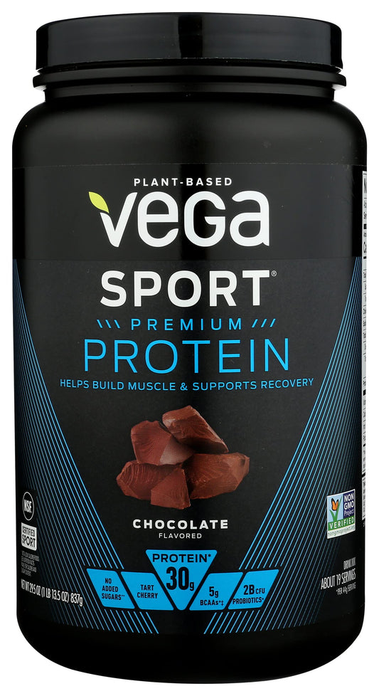 Vega Sport Premium Protein Powder, Chocolate, Vegan, 30g Plant Based Protein, 5g BCAAs, Low Carb, No Sugar, Keto, Dairy Free, Gluten Free & Non-GMO, Pea Protein for Women and Men, 29.5 Oz