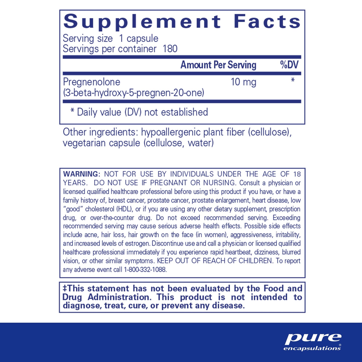Pure Encapsulations Pregnenolone 10 mg - Support Memory & Hormone Balance* - Hormone Precursor - Gluten Free & Non-GMO - 180 Capsules