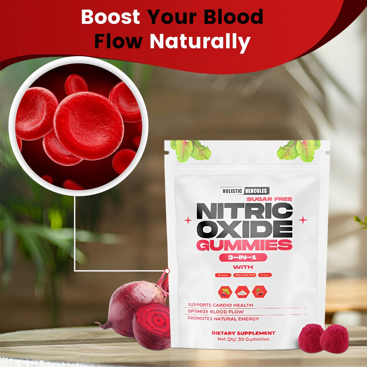 Holistic Hercules Nitric Oxide Gummies - Nitric Oxide Supplements for Men - Sugar-Free Beet Root & Cherry Chews for Energy & Circulation - Supports Heart Health & Blood Flow - Vegan, Non-GMO, 30 Count