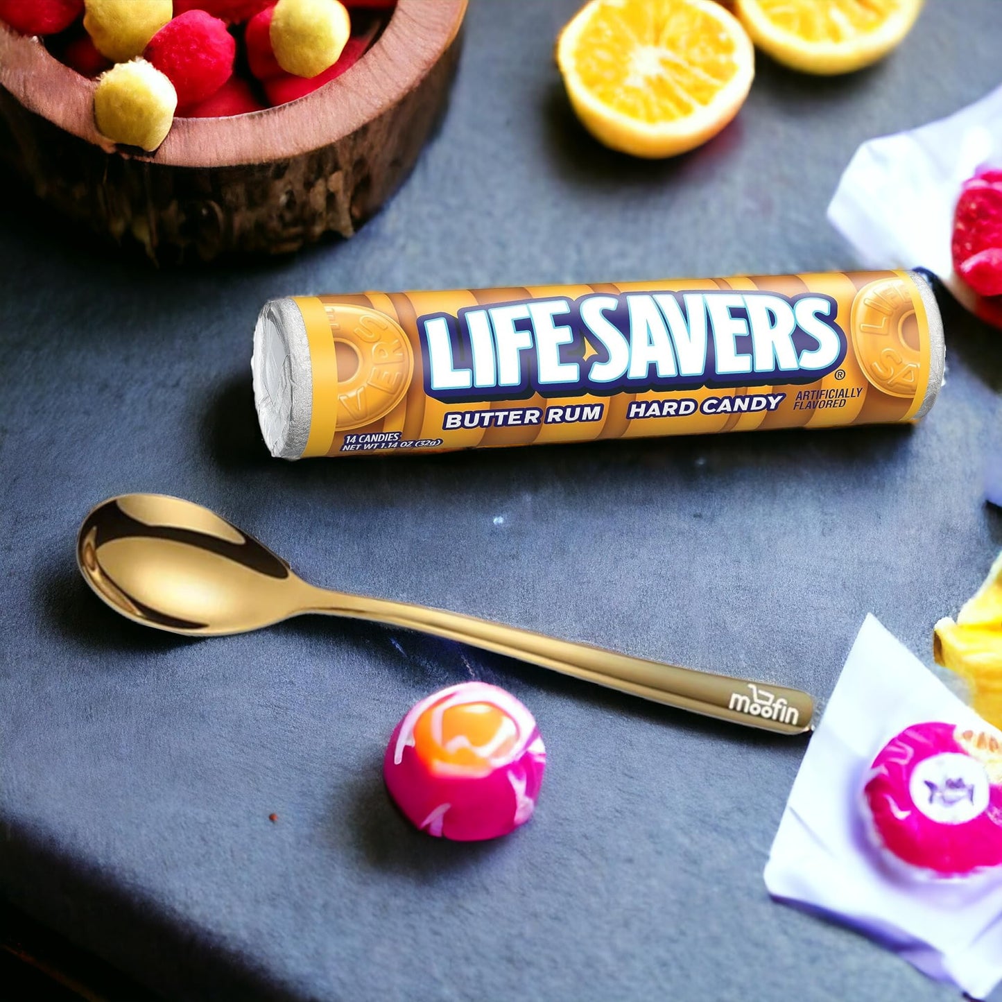 Hard Candy 114 Oz Butter Rum Lifesavers Candy with Moofin Golden SS Spoon Ideal for Snacking  Sharing Rich Flavor Easter Baskets Christmas Stockings Butter Rum Candy Pack of 2
