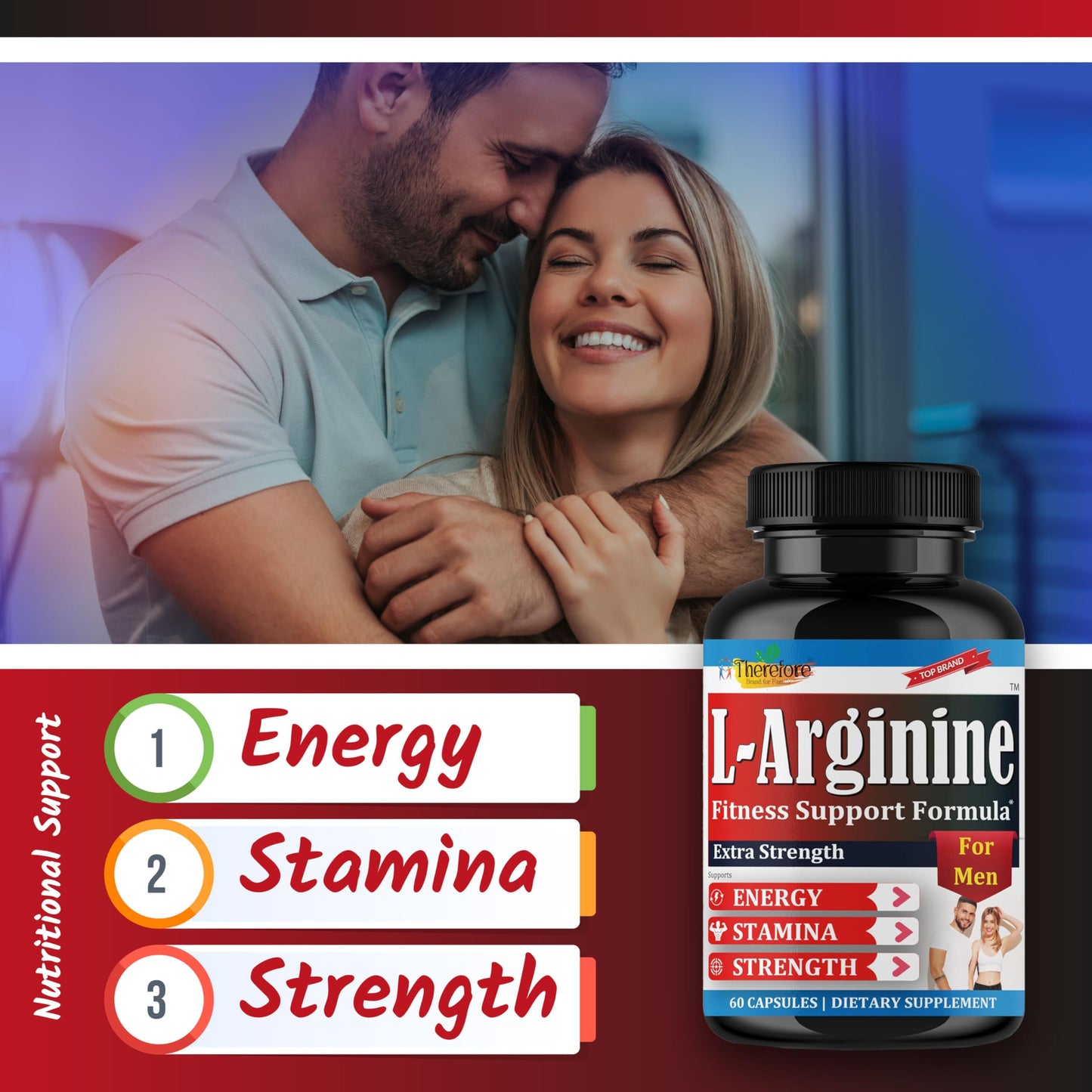 Therefore Extra Strength L-Arginine for Men, Workout Supplement Support Fitness, Muscle Strength, Vascular Function, Energy, Stamina 60 ct L-Arginine Vegan Capsules