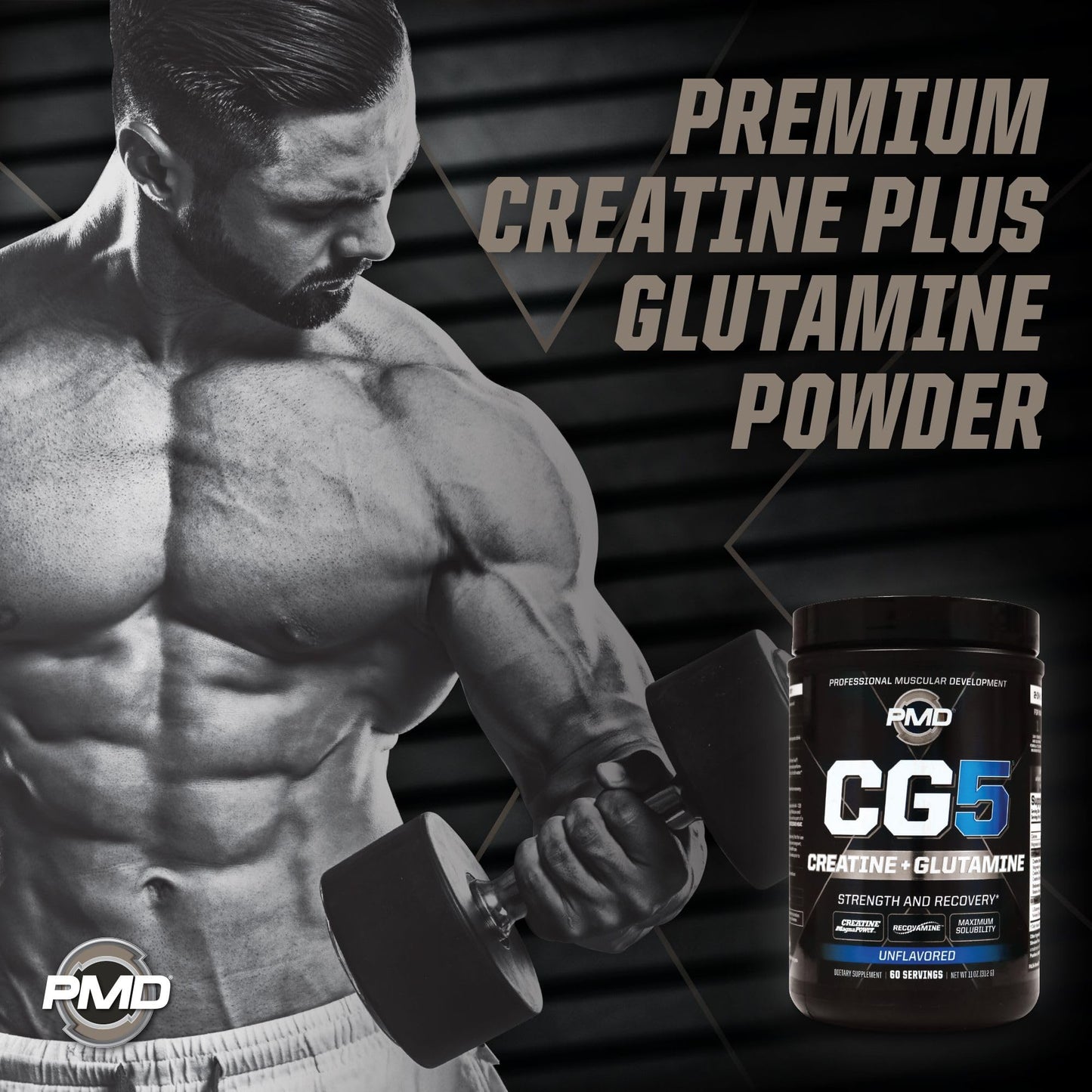 PMD Sports CG5 Premium Creatine & L Glutamine Powder, Power Recovery, Build Lean Muscle, Increase Workout Performance, Maximum Strength Pre Workout & Post Workout, Unflavored, 60 Servings