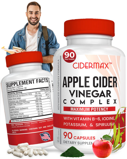 Apple Cider Vinegar Complex Capsules - 90-Day Supply Capsules for Gut Support, Balanced Weight & Body Detox - All Natural Vitamin B6, Kelp, Potassium, & Spirulina Supplement by Cidermax