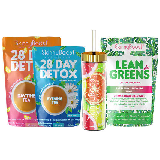Skinny Boost Tea Kit-1 Daytime Tea (28 Bags) 1 Evening Detox Tea (14 Bags), Lean Greens Plus Superfood Powder, FREE Tumbler, Non GMO, Vegan, All Natural Detox and Cleanse
