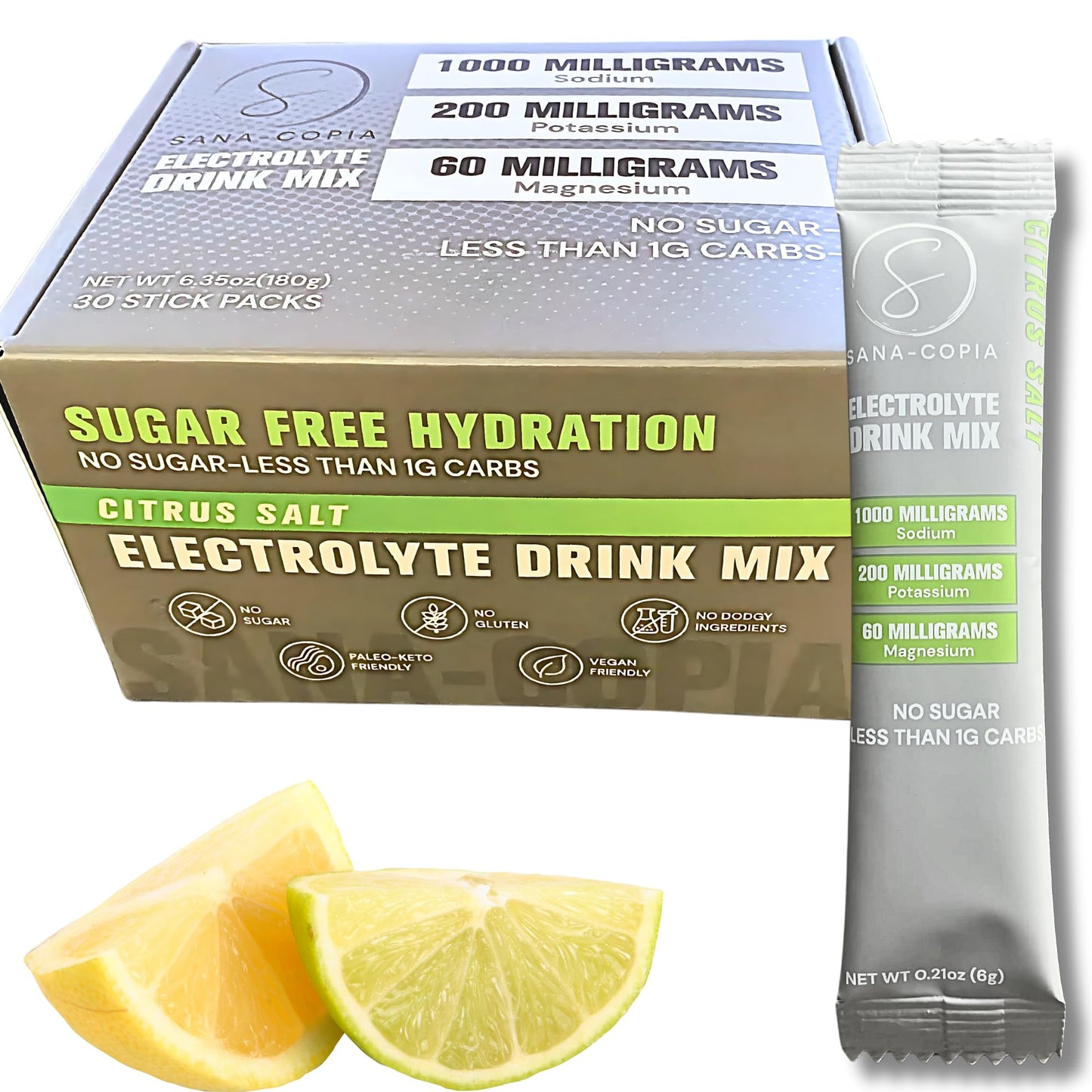 Electrolyte Drink Mix Hydration Packets: 1000mg Sodium, Potassium & Magnesium Citrus Salt Hydrating Powder, Zero Sugar - 30 Lemon Lime Electrolyte Powder Packets, For Rehydration or Dehydration Relief