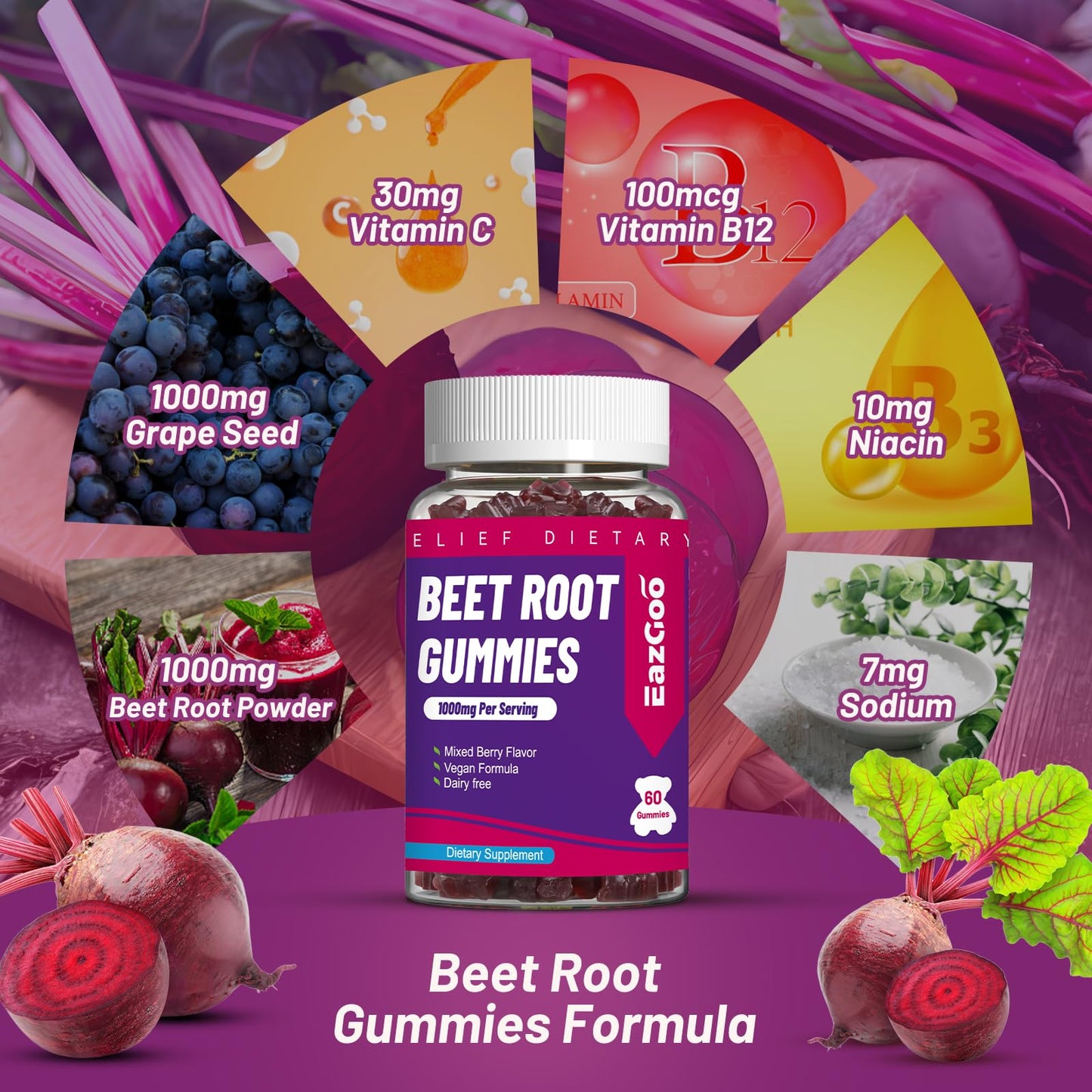 EAZGOO Beet Root Gummies, Beet Root Soft Chews with Beetroot, Grape Seed Extract & Beet Root Powder, Vegan, Non-GMO, 120 Count