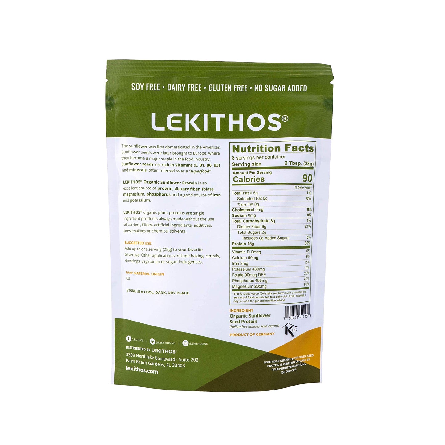 Lekithos Organic Sunflower Protein Sunflower - 8 oz - 15g Protein - Certified USDA Organic, Non-GMO Project Verified, No Added Sugars - Certified Vegan - Gluten Free