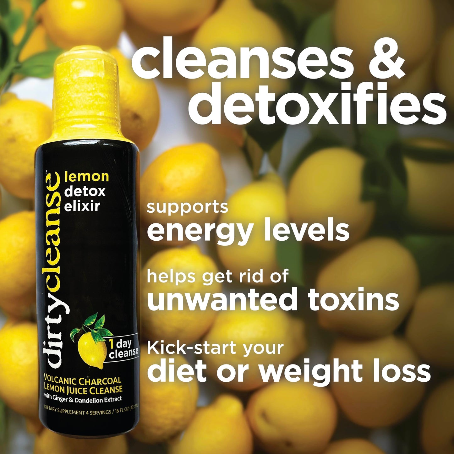 Dirty Cleanse Lemon Detox with Volcanic Charcoal with Ginger and Dandelion Extract, 4 servings