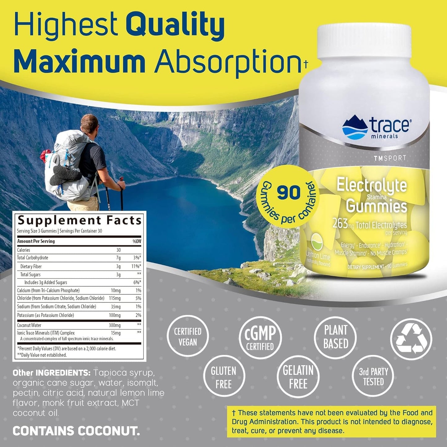 Trace Minerals | Electrolyte Stamina Gummies | Boost Energy, Endurance, Muscle Stamina and Hydration | Vegan | Lemon Lime | 90 Count (30 Servings)