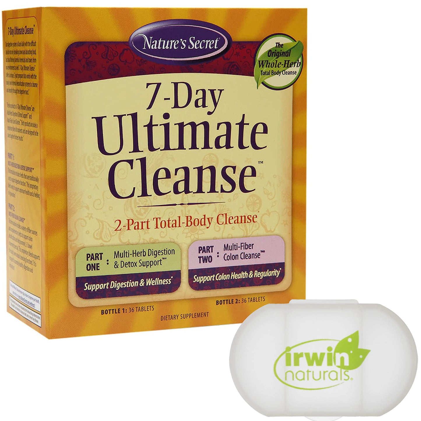 Nature's Secret 7 Day Ultimate Cleanse - 2 Part Total Body Cleanse Promotes Healthy Digestion & Elimination with Multi-Herb Detox Blend & Multi-Fiber Colon Cleanse, 72 Tablets, with a Pill Case