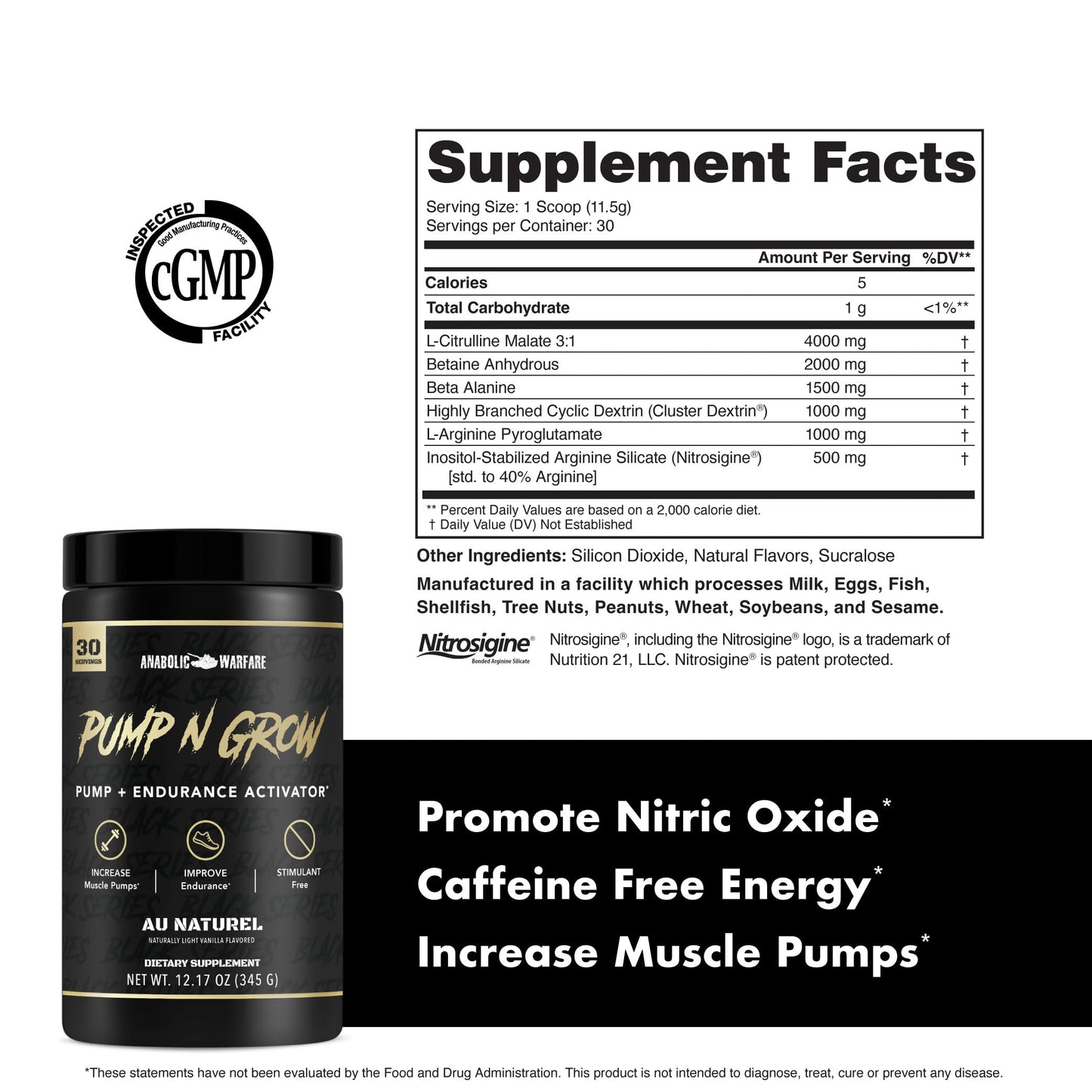 Anabolic Warfare Pump-N-Grow Muscle Pump Supplement Caffeine Free Pre Workout with L-Citrulline, L-Arginine, Beta-Alanine (Au Naturel - 30 Servings)
