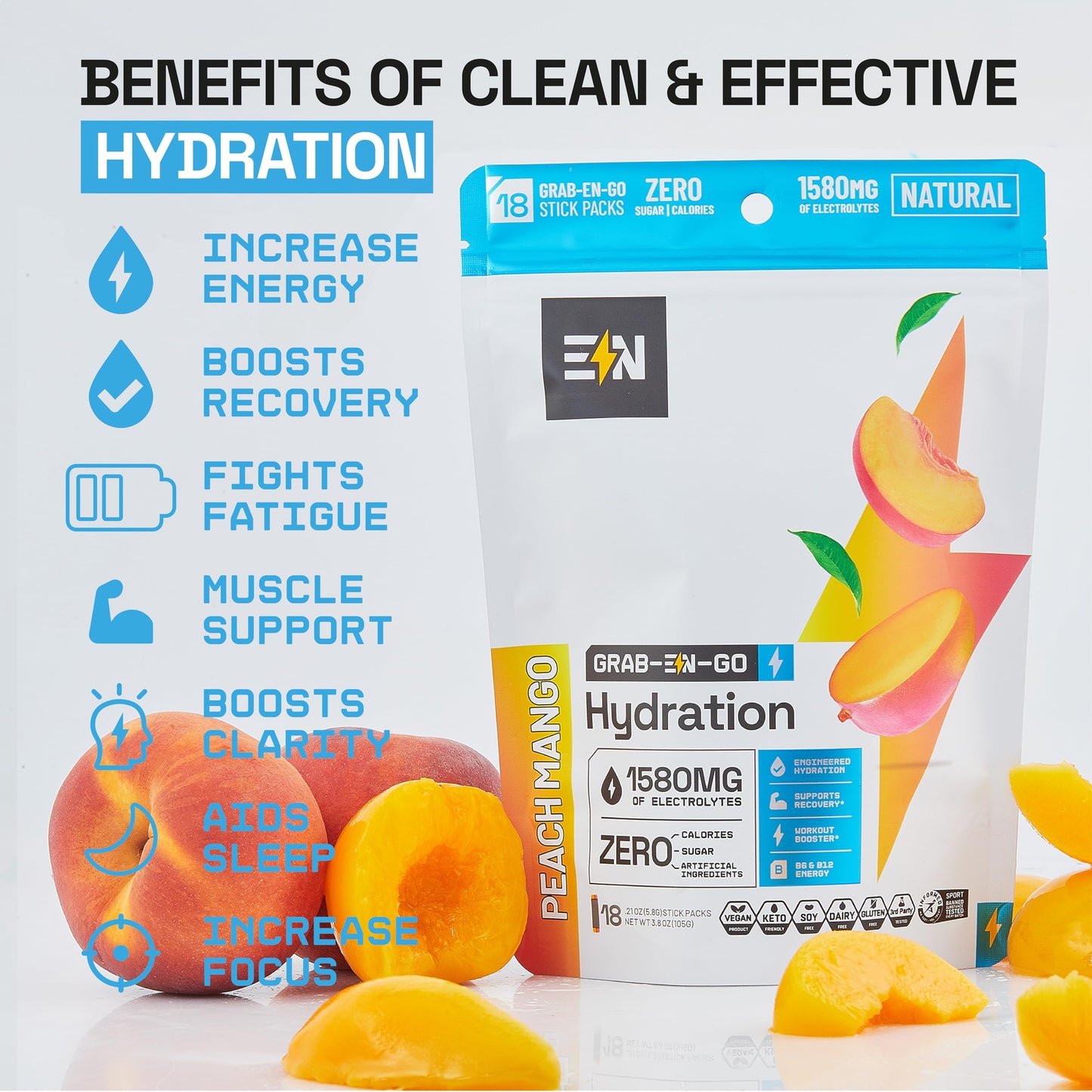 EN Engineered Nutrition, Sugar-Free Electrolytes Powder Packets - Keto Electrolytes Hydration Packets, Single-Serving Electrolytes, No Calories, Vegan, Non-GMO, Organic, Gluten-Free, Peach Mango 18 CT