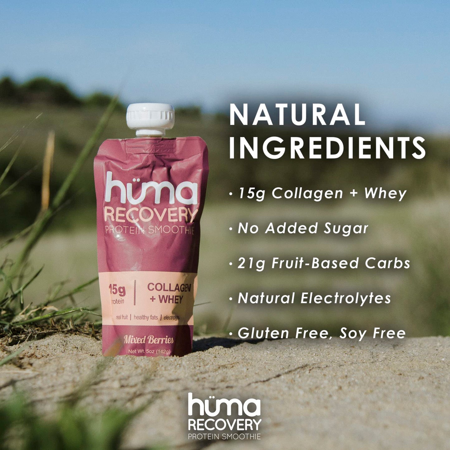 Huma Recovery Protein Smoothie, 6 Pouches - 15g Collagen + Whey Post Workout Recovery Drink - Ready-to-Drink Protein Shake with Real Fruit, Electrolytes, Healthy Fats