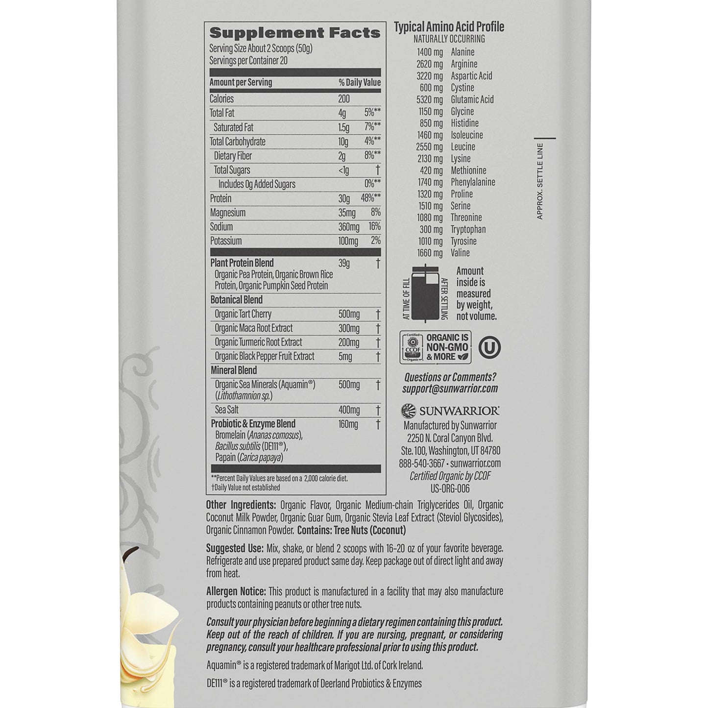 Sunwarrior Vegan Protein Powder Plant-Based USDA Organic BCAAs | Sugar, Gluten, Dairy Free Non-GMO | Vanilla Flavored 20 Servings | Sport Active