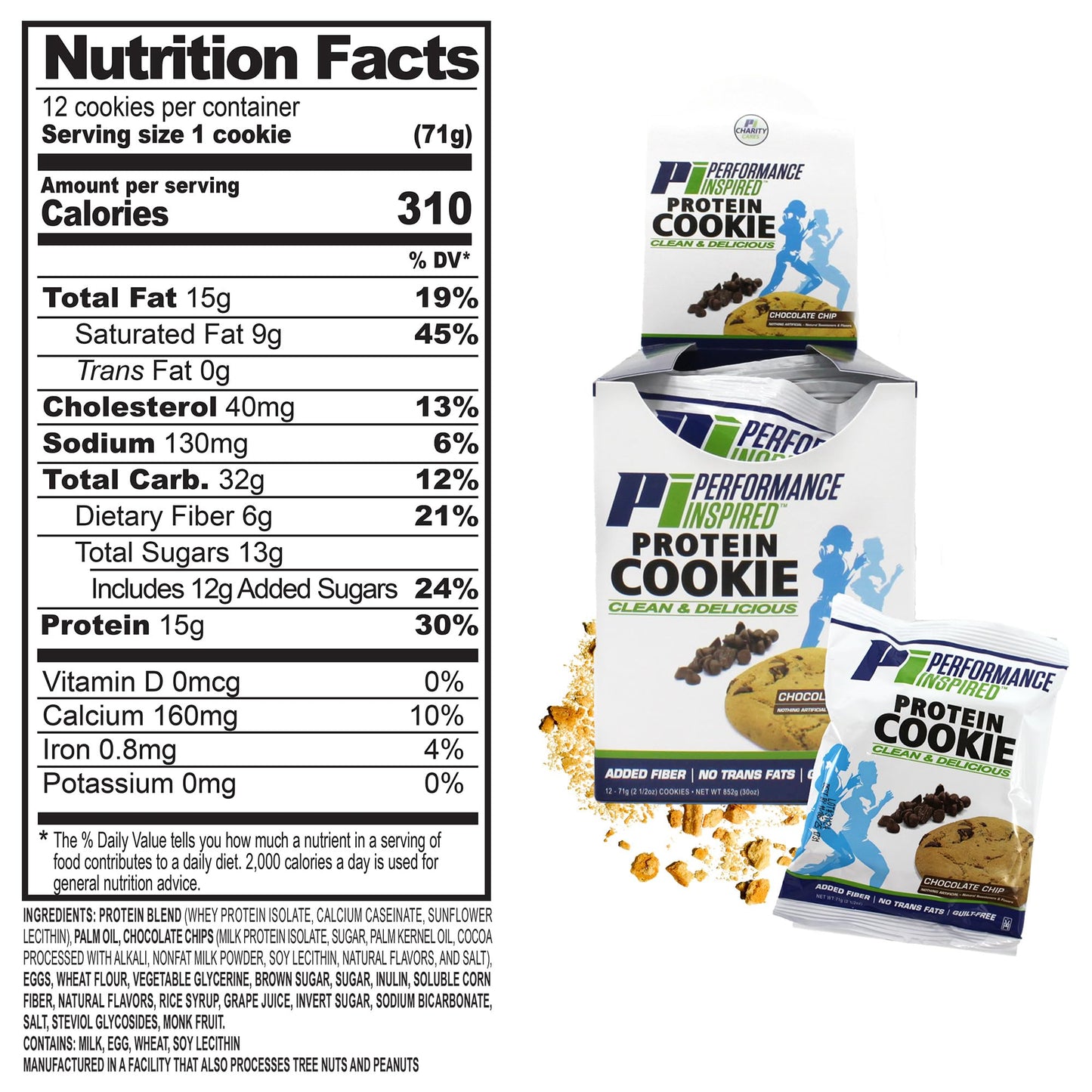Performance Inspired Nutrition Protein Cookie - Contains: BIG 14G Isolate Proteins - 6G Of Fiber - All Natural - Gluten Free - No Artificial Ingredients - Great Tasting Chocolate Chip Flavor - 12 Count