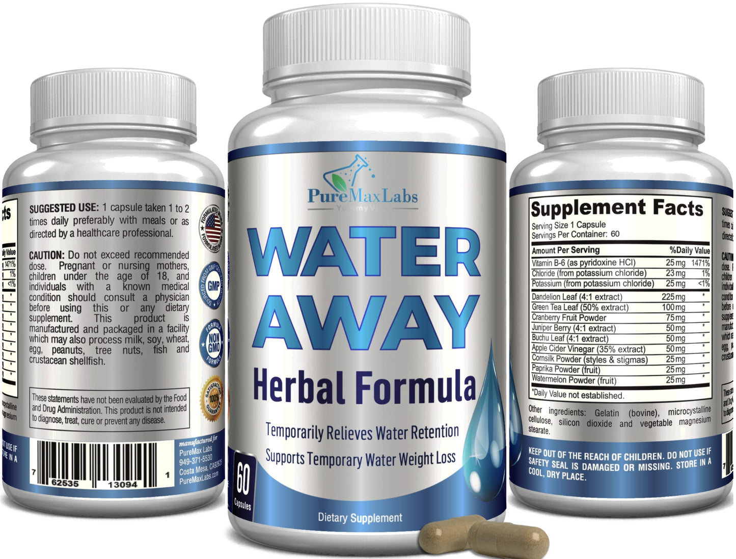 Water Away Gentle Herbal Diuretic - Natural Diuretic Water Pills - Relieve Bloating, Reduce Excess Water Weight with Dandelion Leaf, Green Tea, Detox Cleanse & Urinary Health. Non-GMO, 60 Capsules