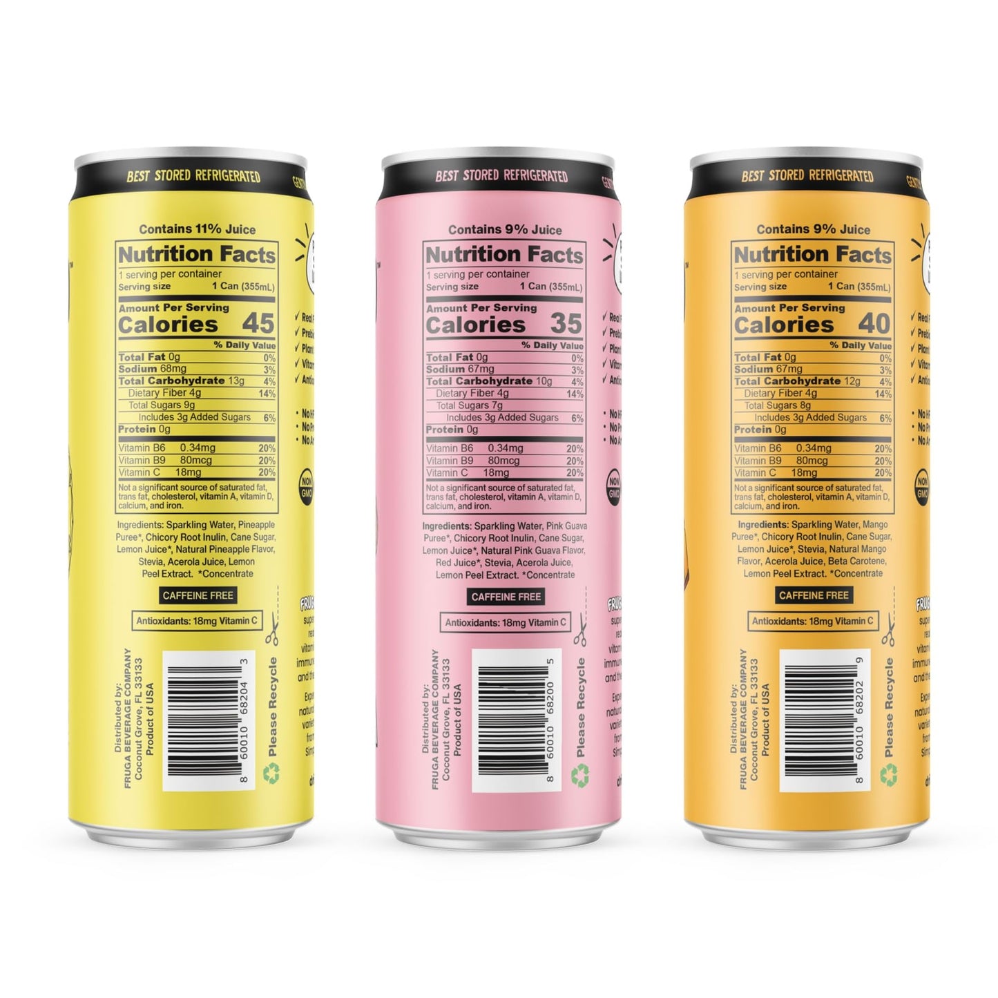 FRUGA Sparkling Prebiotic Super Soda Gut Health Low Calorie Low Sugar Healthy Soda Pop Plant Fiber Real Fruit Vitamin C B6 B9 Vitamins Juice Tropical Mix 12oz 12 Pack