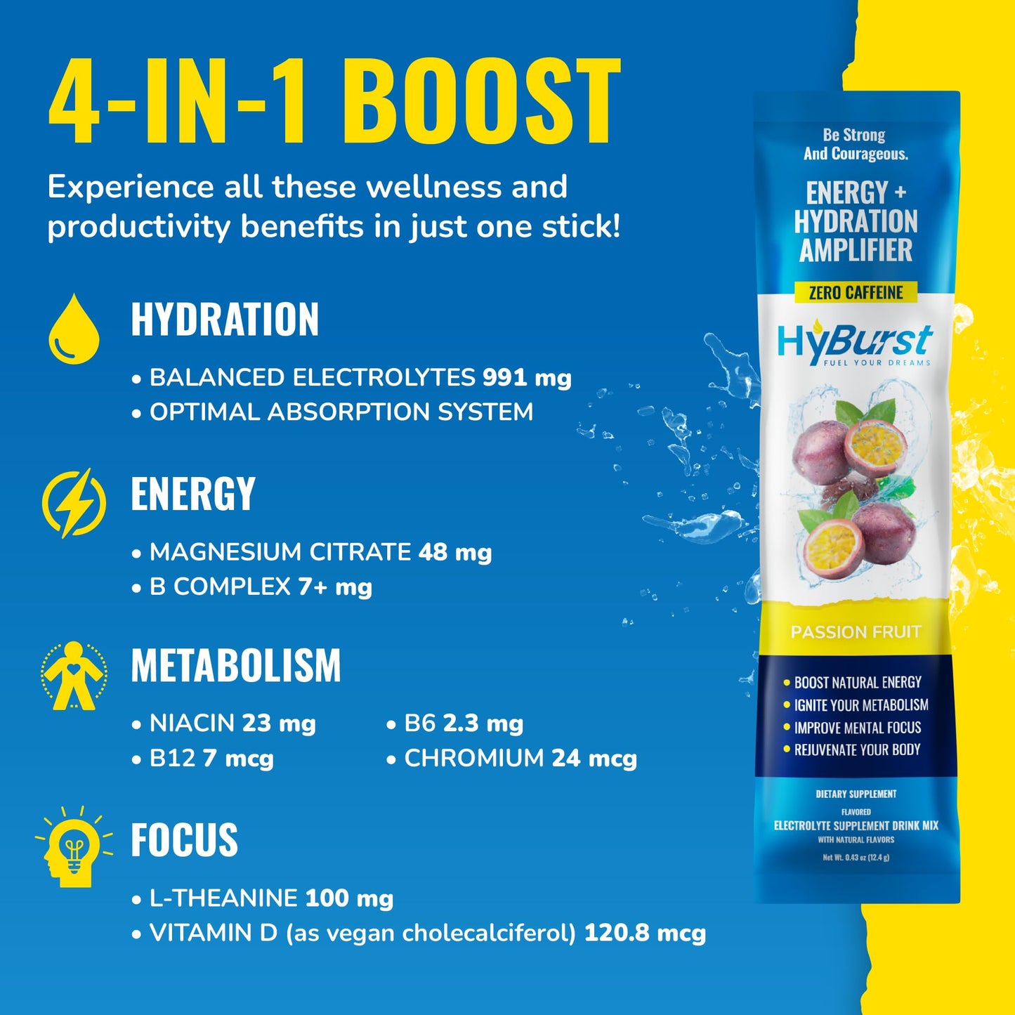 Hyburst Energy + Hydration Amplifier - Multivitamin Electrolyte Powder Packets with Vitamins D3 K2 & B6 B12 | L-Theanine, Cane Sugar, Caffeine Free Energy Drink Powder | Variety Pack, 15 Pack