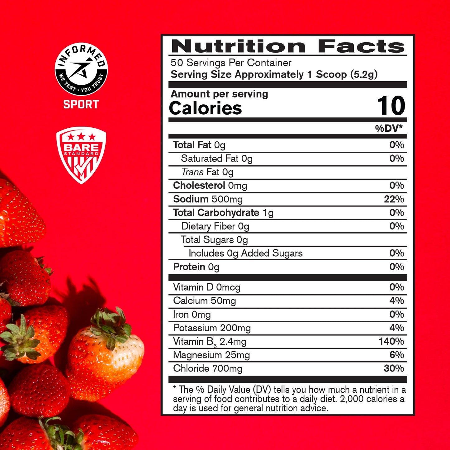 BARE PERFORMANCE NUTRITION BPN Electrolytes Hydration Drink Mix | Sugar Free Electrolyte Powder | 500mg Sodium per serving | Naturally Sweetened | Strawberry, 50 Servings