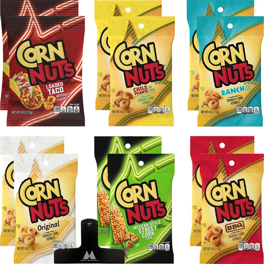 Corn Nuts Variety Pack  12 Pack  4 Ounces Each  Loaded Taco Chile Picante Ranch Original Mexican Street Corn and BBQ  Bulk Box  With Mighty Merchandise Bag Clip