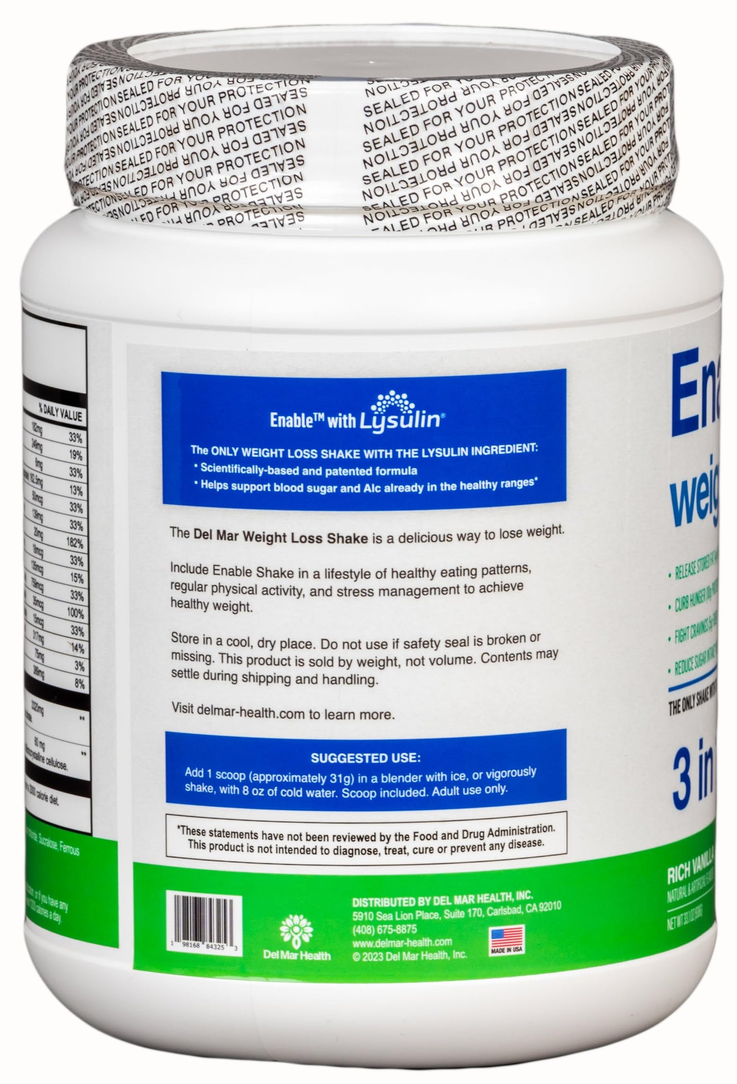 Del Mar Health Enable Weight Loss Shake - Delicious Vanilla Flavor for Healthy & Satisfying Meal Replacement, 2lb 8oz