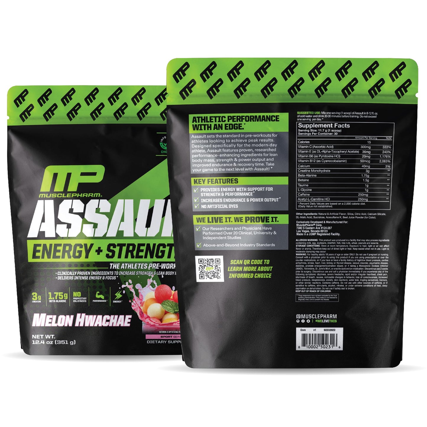 Muscle Pharm Assault Energy & Strength Pre Workout Powder for Men & Women with Beta Alanine, Caffeine, Creatine & Betaine Anhydrous, Pre-Workout Supplements, 30 Servings, Hwachae Melon Flavor