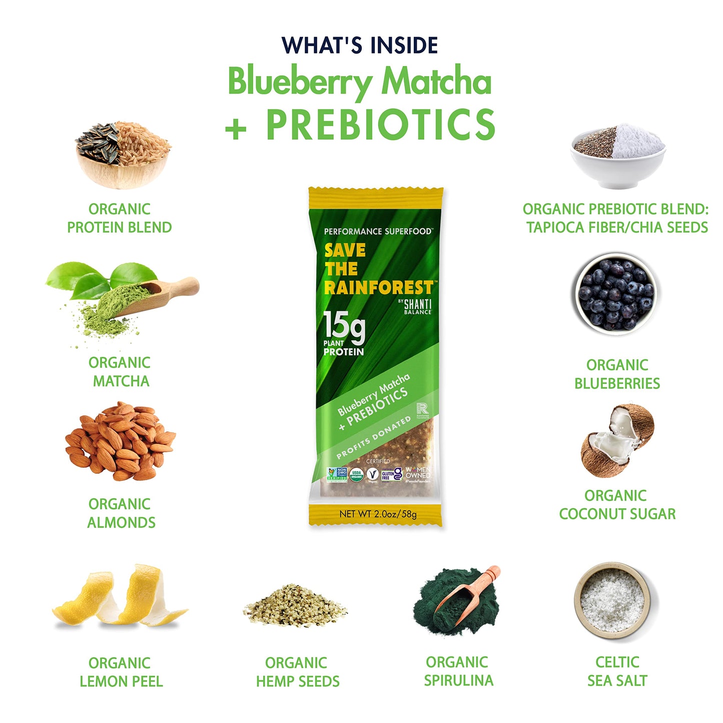 SAVE THE RAINFOREST by SHANTI BALANCE | Blueberry Matcha | 15G Plant Protein | Organic Gluten Free Superfood | Gut Health Prebiotics | Immunity Boosting | Performance Nutrition | 12 Count, 2 oz Bars