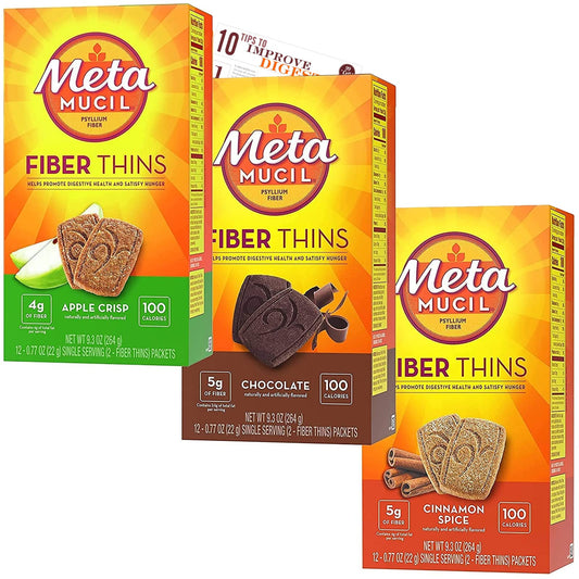 Fiber Thins Digestive Health Support Psyllium Fiber Bars Variety & Bleam Digestive Health Tip Card - Apple Crisp - Cinnamon Spice - Chocolate - Variety Pack Of 3