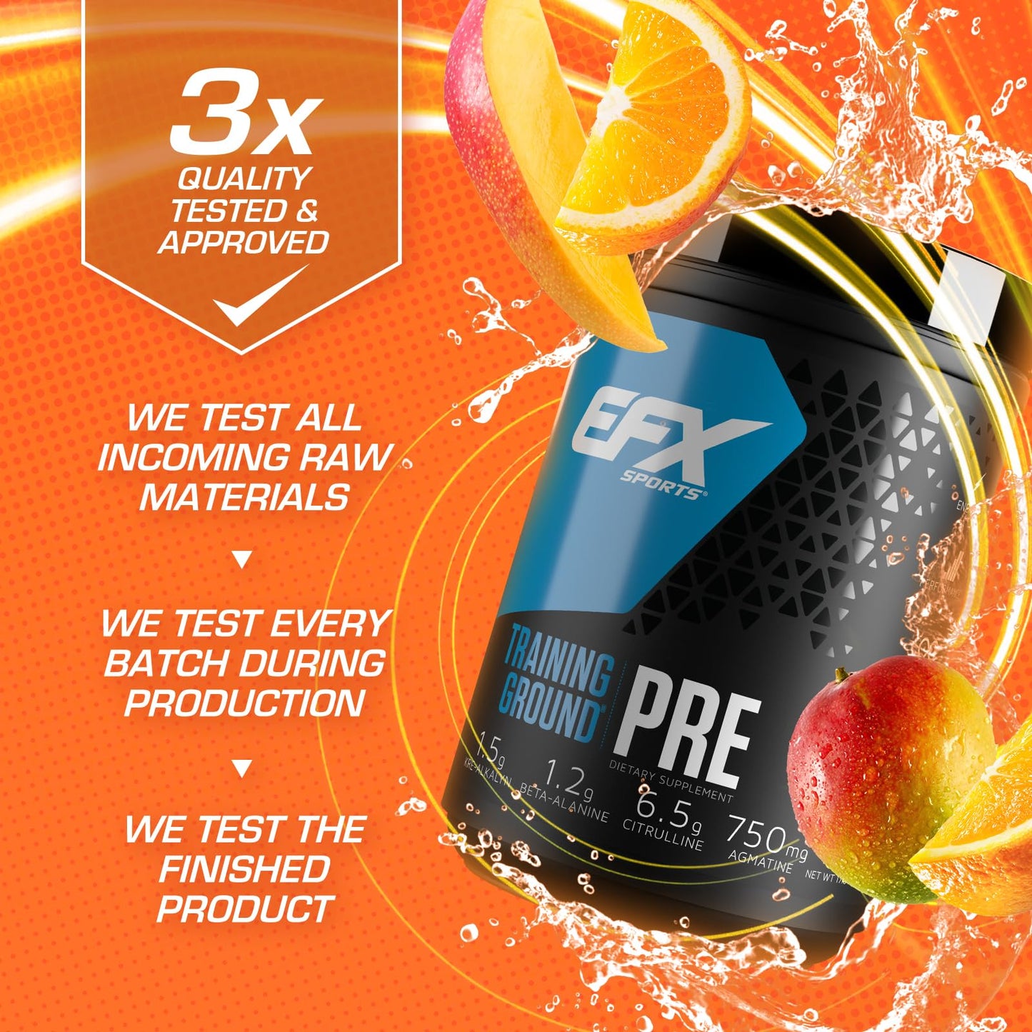 EFX Sports Training Ground Pre Workout Powder | Energy & Muscle Pumps | with Hydromax Glycerol, Citrulline, Beta Alanine | 300mg Caffeine | 20 Servings (Orange Mango)