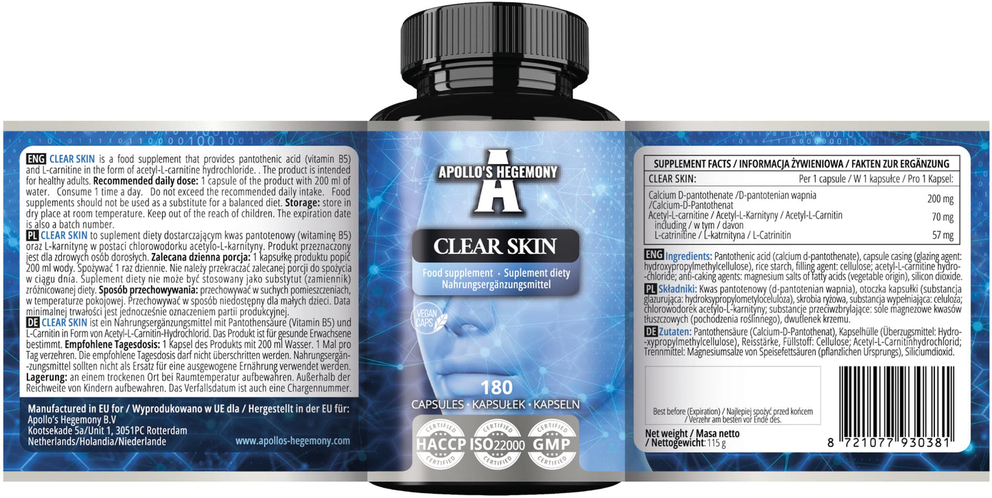APOLLO'S HEGEMONY Clear Skin - Vitamin B5 200mg (Pantothenic Acid) and Acetyl-L-Carnitine 70mg, 180 Vegan Capsules, 6 Months Supply, Anti-Acne, Enhanced Skin Health, Diet Supplement