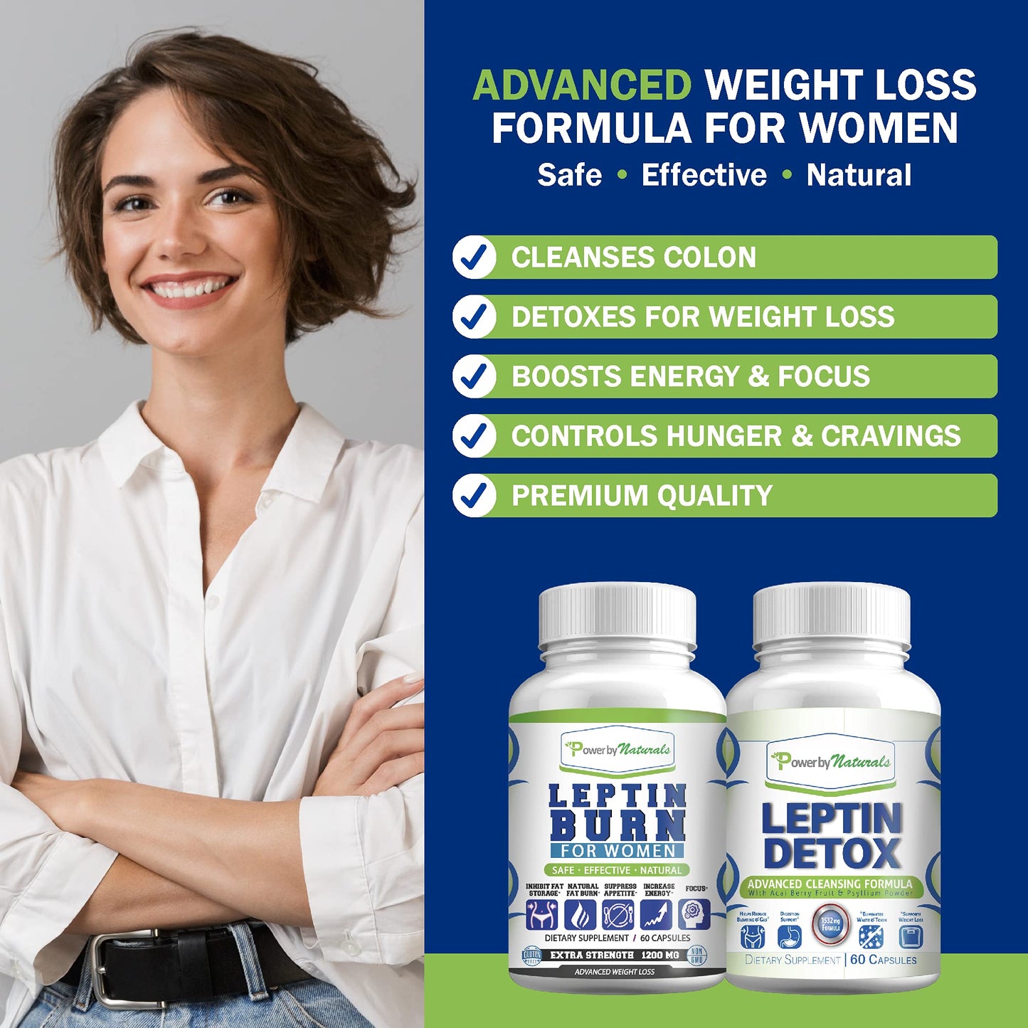 Power By Naturals Leptin Detox & Leptin Burn Supplements | Natural Weight Loss, Appetite Suppressant, Metabolism Booster & Digestive Support | Thermogenic Fat Burner | 60 Count