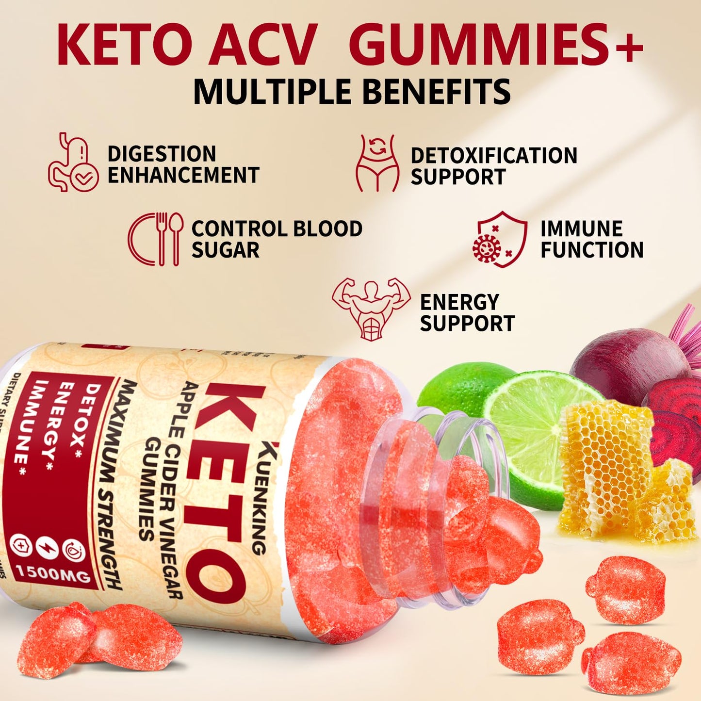 Keto ACV Gummies Advanced Formula, Apple Cider Vinegar with Mother & Lemon Honey Flavor, Vitamins B6 & B12 - Vegan & Non-GMO - Supports Gut Health, Metabolism & Fat Burn for Women (120 Count)